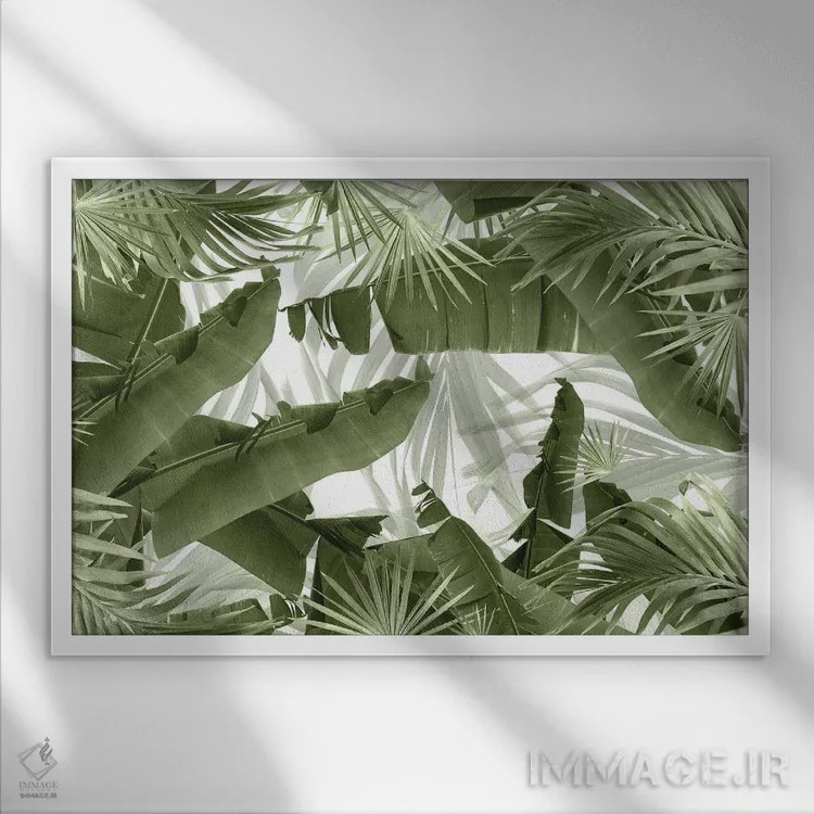 تابلو شعف برگهای نخل و موز سبز یکم اثر هنر آنیتا و بلا - نمای قابدار سفید
