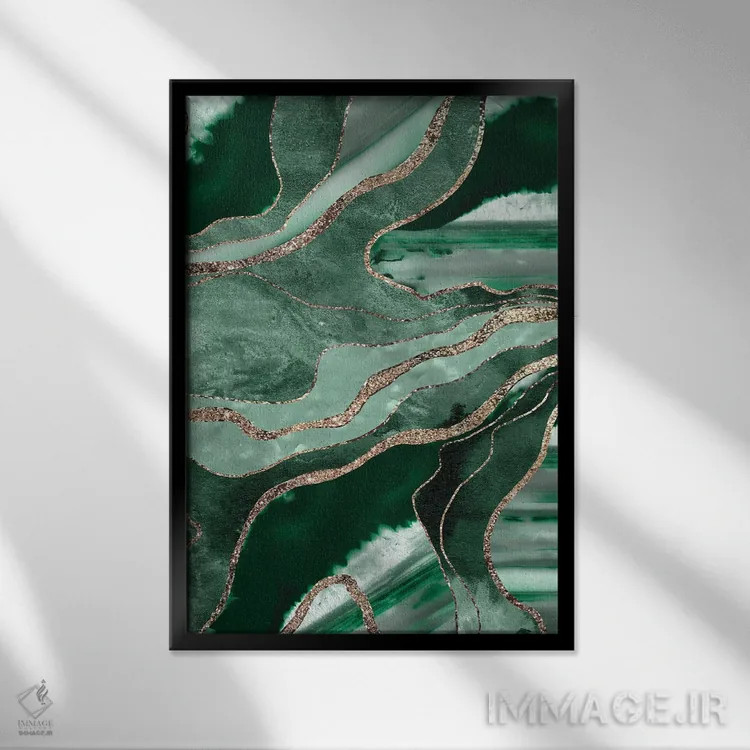 تابلو شکوه ماربل سبز زمردی و آگات با اکلیل طلایی یکم اثر هنر آنیتا و بلا - نمای قابدار مشکی