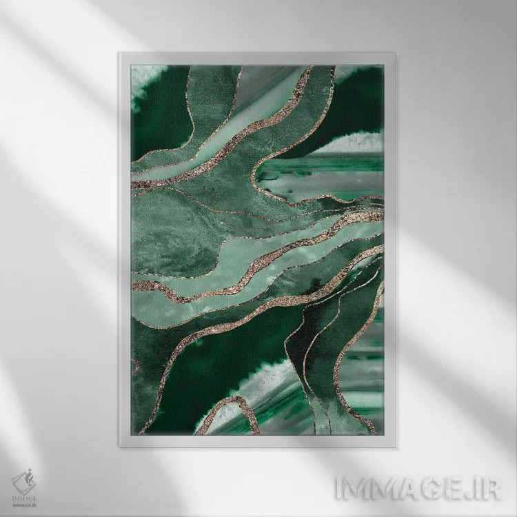 تابلو شکوه ماربل سبز زمردی و آگات با اکلیل طلایی یکم اثر هنر آنیتا و بلا - نمای قابدار سفید