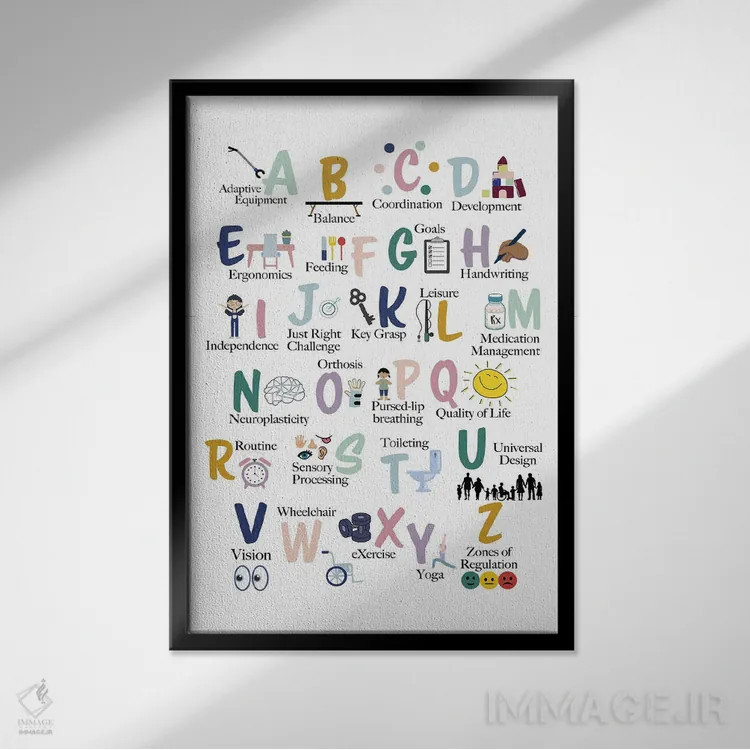 تابلو حروف الفبای کاردرمانی اثر آلیسا بانتا - نمای قابدار مشکی