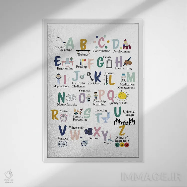 تابلو حروف الفبای کاردرمانی اثر آلیسا بانتا - نمای قابدار سفید