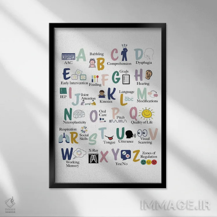 تابلو حروف الفبای آسیبشناسی گفتار و زبان اثر آلیسا بانتا - نمای قابدار مشکی