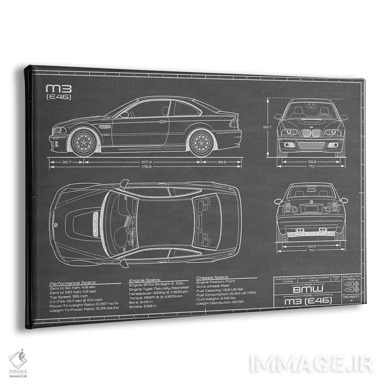تابلو بیامو M2 (E46) مشکی اثر اکشن بلوپرینتس (نقشههای اکشن) - نمای پرسپکتیو محصول