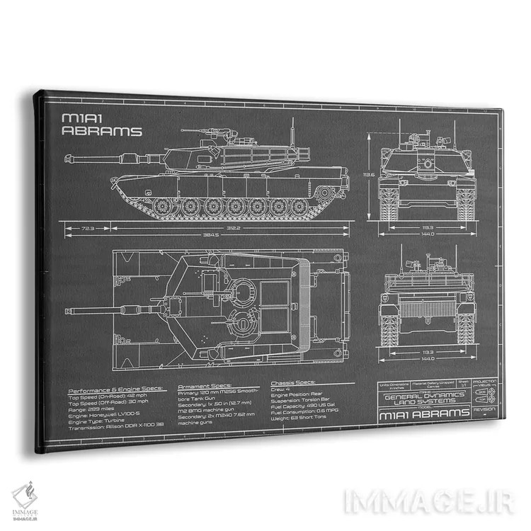 تابلو تانک جنگی آبرامز M1A1 مدل ۱۹۸۰ (مشکی) اثر اکشن بلوپرینتس (نقشههای اکشن) - نمای پرسپکتیو محصول