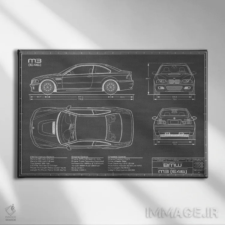 تابلو بیامو M2 (E46) مشکی اثر اکشن بلوپرینتس (نقشههای اکشن) - نمای روبهرو روی دیوار