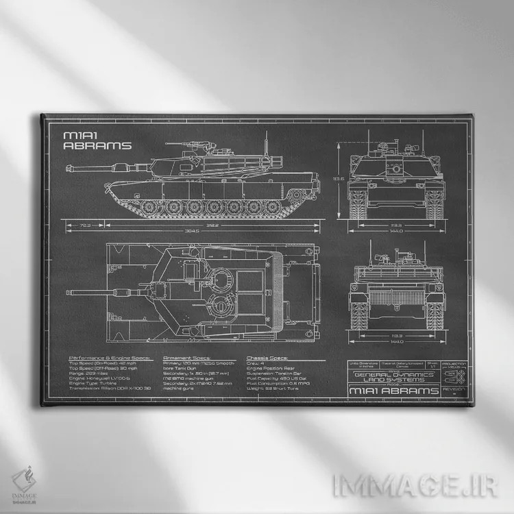 تابلو تانک جنگی آبرامز M1A1 مدل ۱۹۸۰ (مشکی) اثر اکشن بلوپرینتس (نقشههای اکشن) - نمای روبهرو روی دیوار