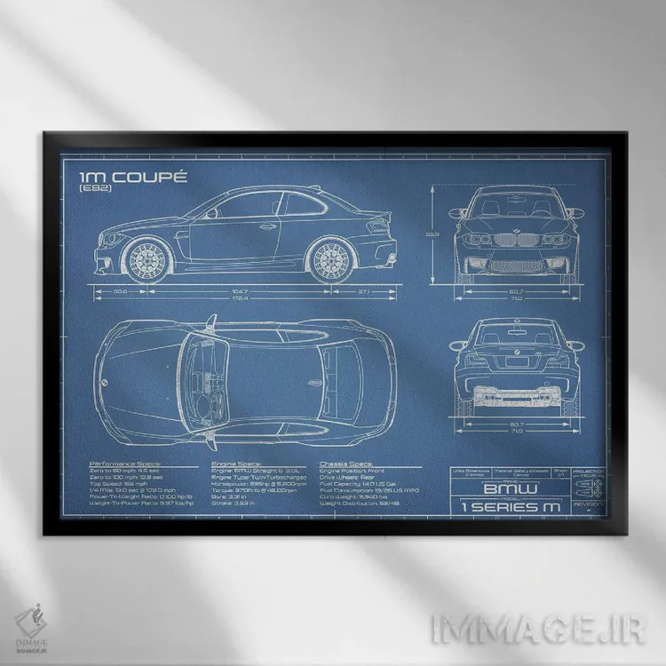 تابلو نقشهٔ بیامو 1M کوپه (F82) اثر اکشن بلوپرینتس (نقشههای اکشن) - نمای قابدار مشکی