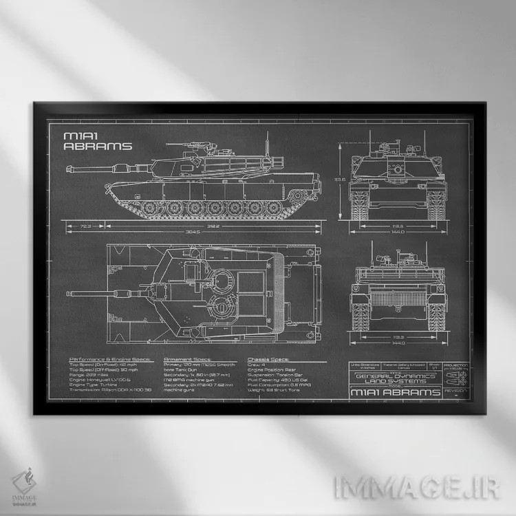 تابلو تانک جنگی آبرامز M1A1 مدل ۱۹۸۰ (مشکی) اثر اکشن بلوپرینتس (نقشههای اکشن) - نمای قابدار مشکی
