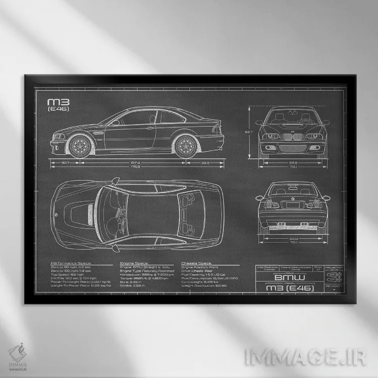 تابلو بیامو M2 (E46) مشکی اثر اکشن بلوپرینتس (نقشههای اکشن) - نمای قابدار مشکی