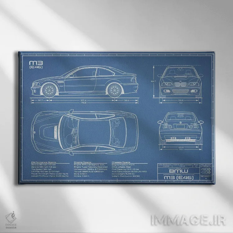 تابلو نقشهٔ بیامو M2 (E46) اثر اکشن بلوپرینتس (نقشههای اکشن) - نمای روبهرو روی دیوار