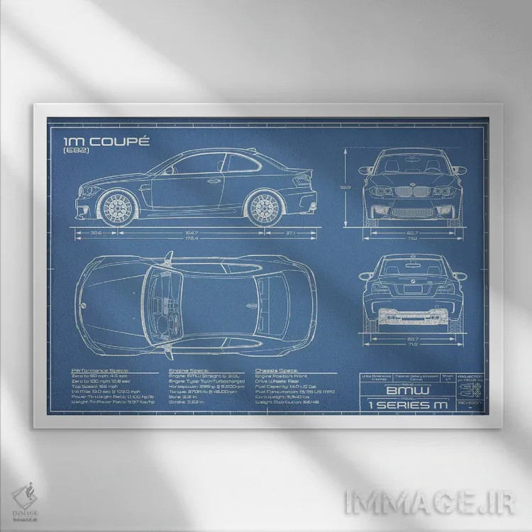 تابلو نقشهٔ بیامو 1M کوپه (F82) اثر اکشن بلوپرینتس (نقشههای اکشن) - نمای قابدار سفید