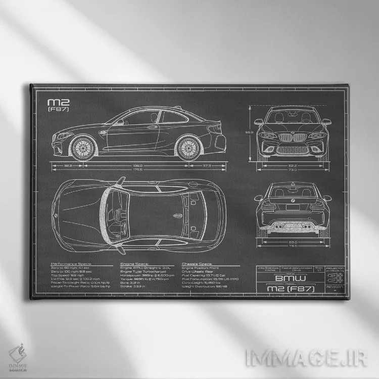 تابلو بیامو M2 (F87) مشکی اثر اکشن بلوپرینتس (نقشههای اکشن) - نمای روبهرو روی دیوار