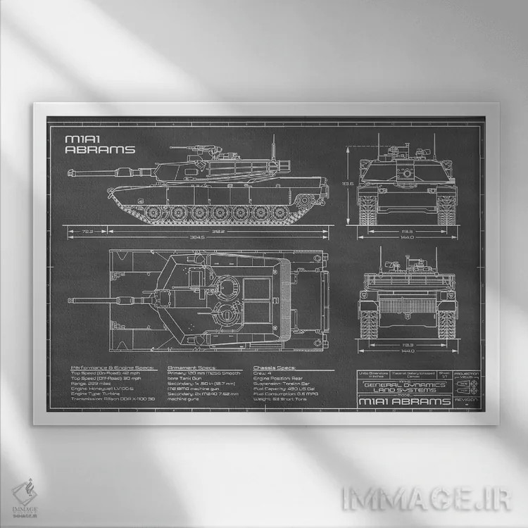 تابلو تانک جنگی آبرامز M1A1 مدل ۱۹۸۰ (مشکی) اثر اکشن بلوپرینتس (نقشههای اکشن) - نمای قابدار سفید