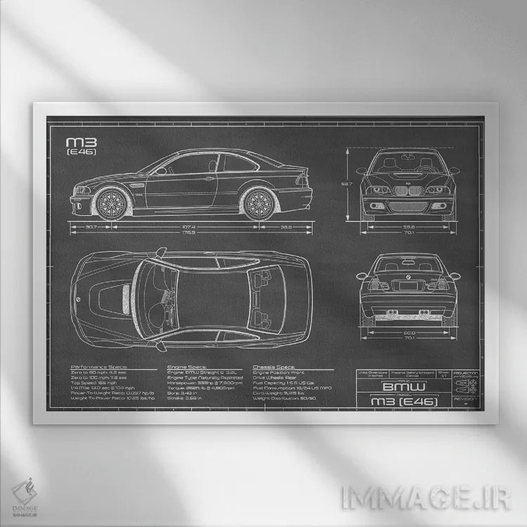تابلو بیامو M2 (E46) مشکی اثر اکشن بلوپرینتس (نقشههای اکشن) - نمای قابدار سفید