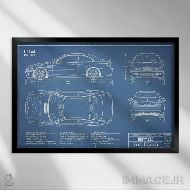 تابلو نقشهٔ بیامو M2 (E46) اثر اکشن بلوپرینتس (نقشههای اکشن) - نمای قابدار مشکی