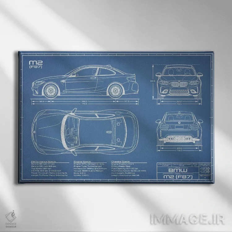 تابلو نقشهٔ بیامو M2 (F87) اثر اکشن بلوپرینتس (نقشههای اکشن) - نمای روبهرو روی دیوار