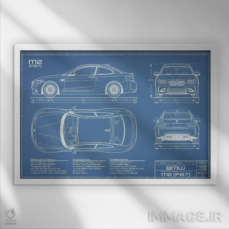 تابلو نقشهٔ بیامو M2 (F87) اثر اکشن بلوپرینتس (نقشههای اکشن) - نمای قابدار سفید