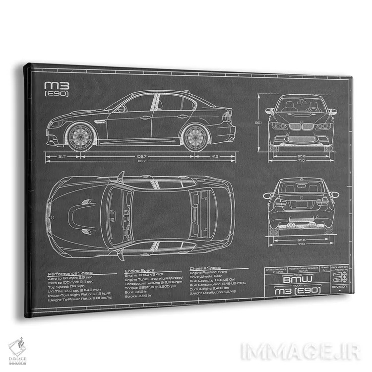 تابلو بیامو M3 (E90) مشکی اثر اکشن بلوپرینتس (نقشههای اکشن) - نمای پرسپکتیو محصول