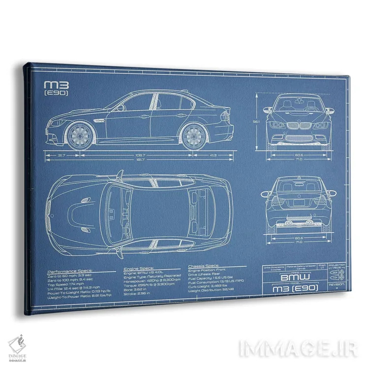تابلو نقشهٔ بیامو M3 (E90) اثر اکشن بلوپرینتس (نقشههای اکشن) - نمای پرسپکتیو محصول