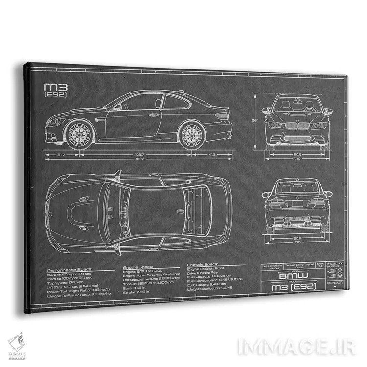 تابلو بیامو M3 (E92) مشکی اثر اکشن بلوپرینتس (نقشههای اکشن) - نمای پرسپکتیو محصول