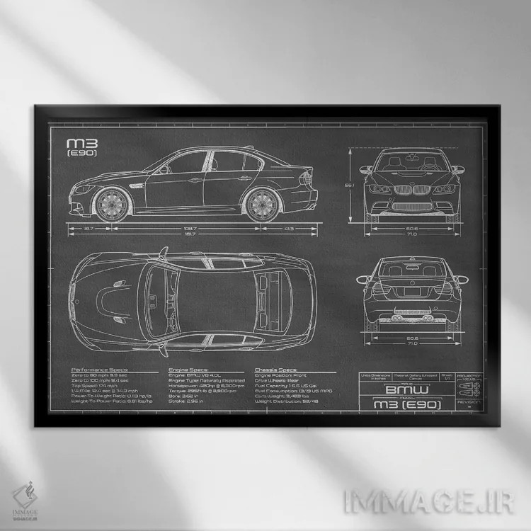 تابلو بیامو M3 (E90) مشکی اثر اکشن بلوپرینتس (نقشههای اکشن) - نمای قابدار مشکی