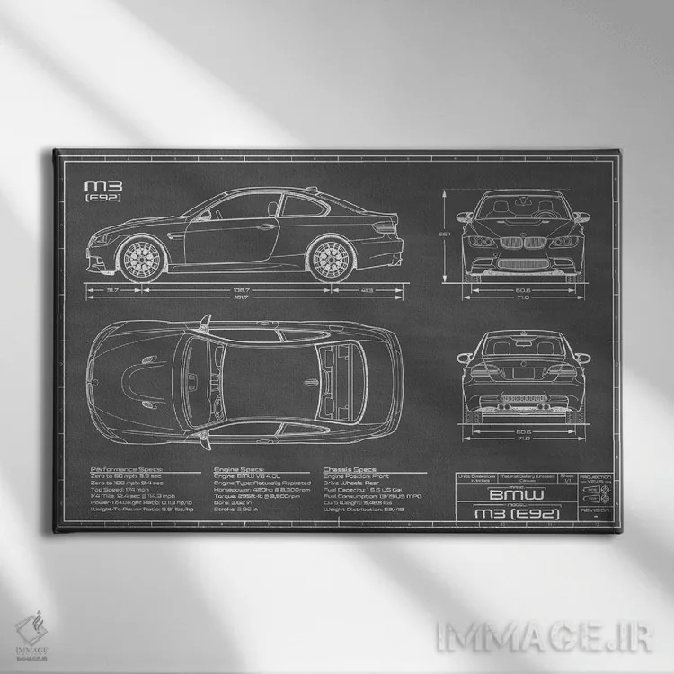 تابلو بیامو M3 (E92) مشکی اثر اکشن بلوپرینتس (نقشههای اکشن) - نمای روبهرو روی دیوار