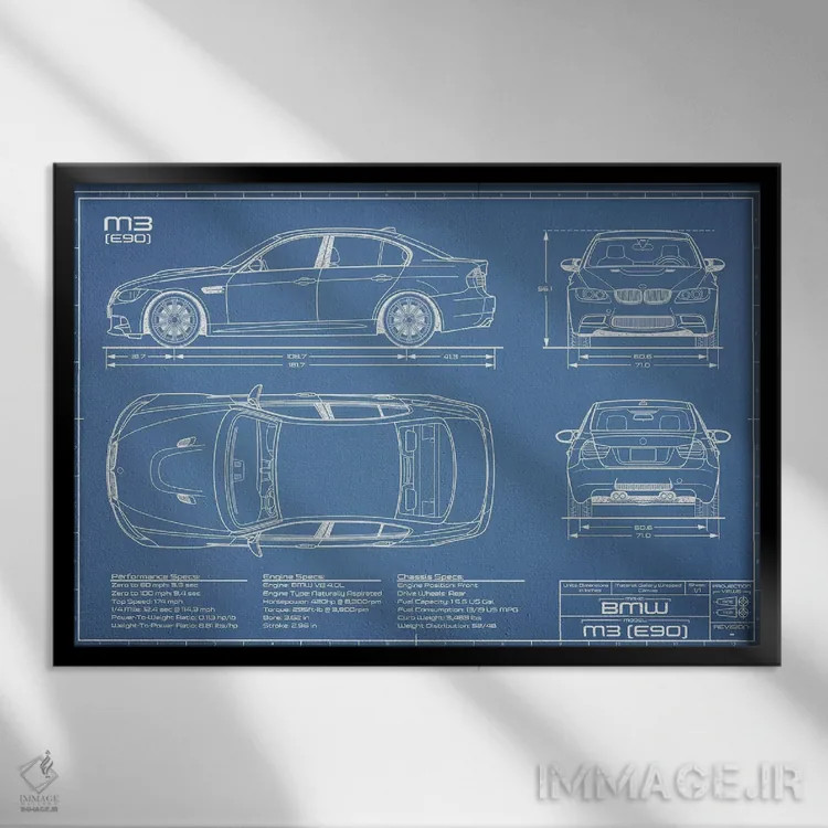 تابلو نقشهٔ بیامو M3 (E90) اثر اکشن بلوپرینتس (نقشههای اکشن) - نمای قابدار مشکی
