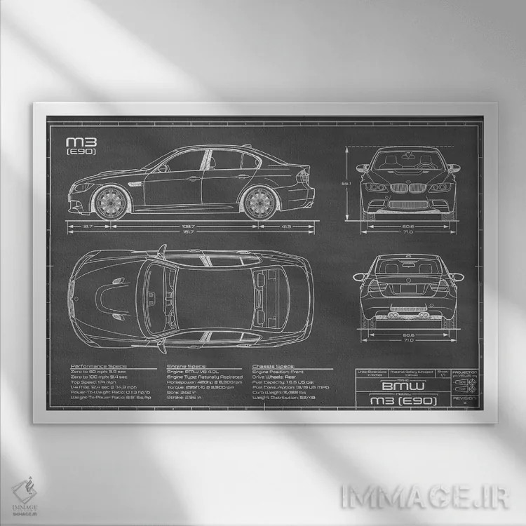 تابلو بیامو M3 (E90) مشکی اثر اکشن بلوپرینتس (نقشههای اکشن) - نمای قابدار سفید