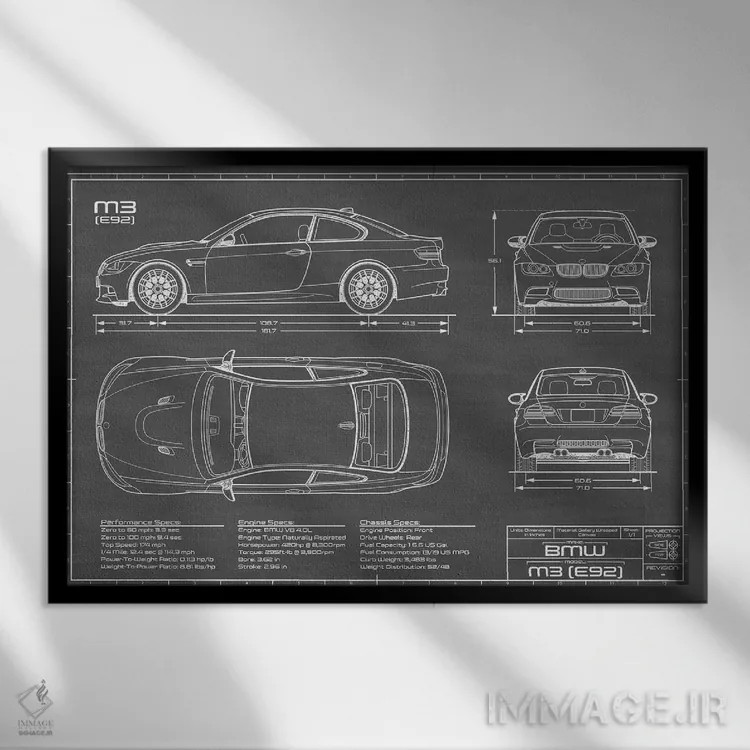 تابلو بیامو M3 (E92) مشکی اثر اکشن بلوپرینتس (نقشههای اکشن) - نمای قابدار مشکی