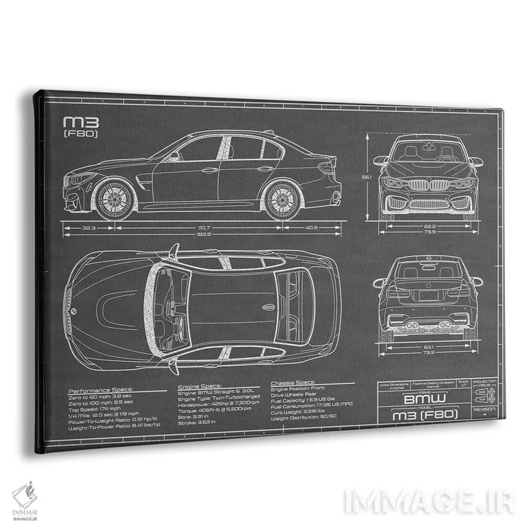 تابلو بیامو M3 (F80) مشکی اثر اکشن بلوپرینتس (نقشههای اکشن) - نمای پرسپکتیو محصول