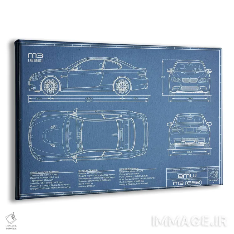 تابلو نقشهٔ بیامو M3 (E92) اثر اکشن بلوپرینتس (نقشههای اکشن) - نمای پرسپکتیو محصول
