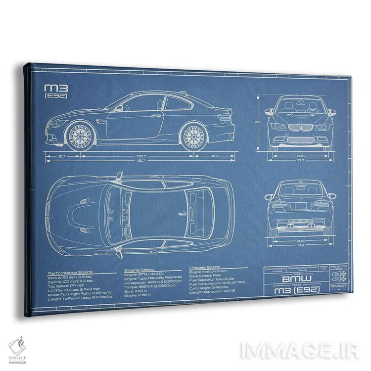 تابلو نقشهٔ بیامو M3 (E92) اثر اکشن بلوپرینتس (نقشههای اکشن) - نمای پرسپکتیو محصول