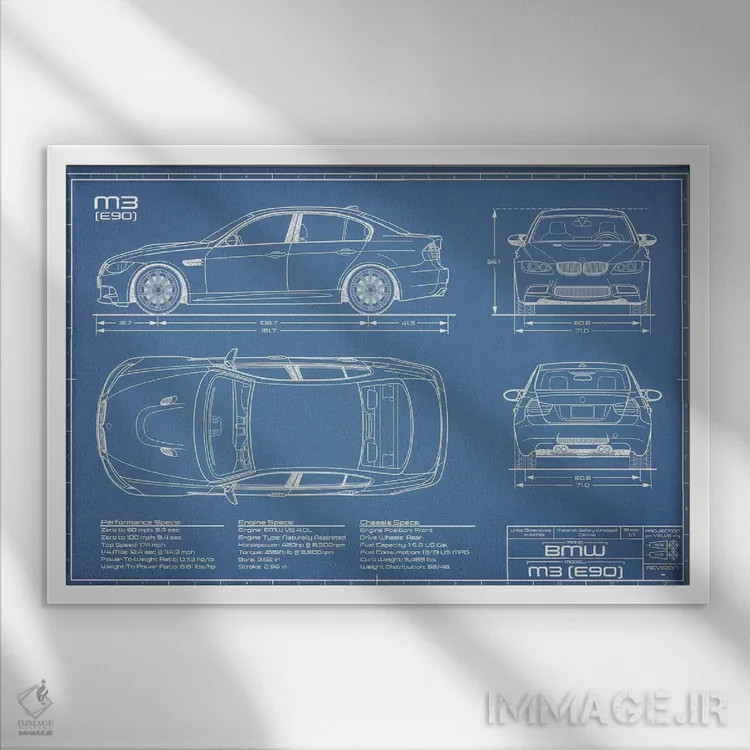تابلو نقشهٔ بیامو M3 (E90) اثر اکشن بلوپرینتس (نقشههای اکشن) - نمای قابدار سفید