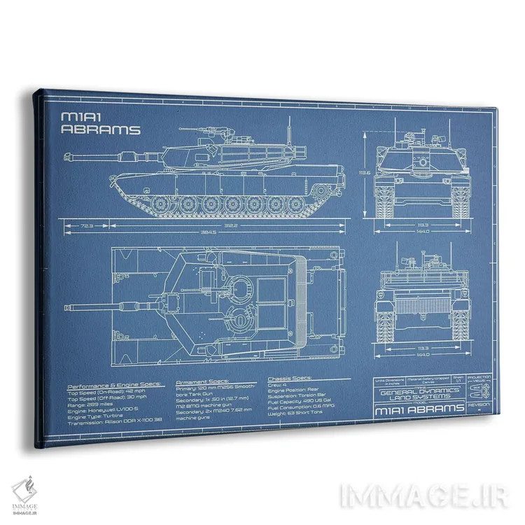 تابلو نقشهٔ تانک جنگی آبرامز M1A1 مدل ۱۹۸۰ اثر اکشن بلوپرینتس (نقشههای اکشن) - نمای پرسپکتیو محصول