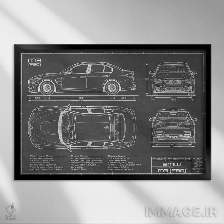 تابلو بیامو M3 (F80) مشکی اثر اکشن بلوپرینتس (نقشههای اکشن) - نمای قابدار مشکی