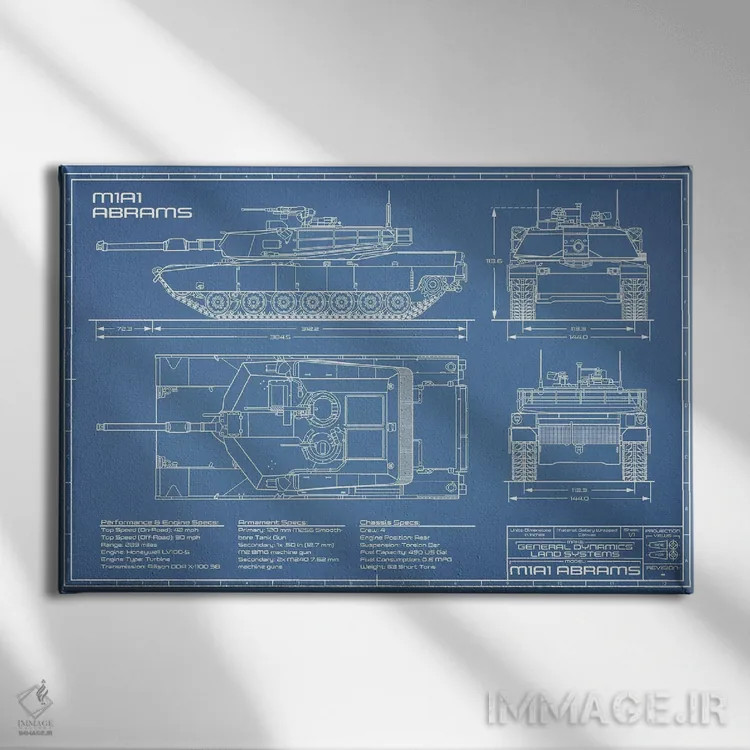 تابلو نقشهٔ تانک جنگی آبرامز M1A1 مدل ۱۹۸۰ اثر اکشن بلوپرینتس (نقشههای اکشن) - نمای روبهرو روی دیوار