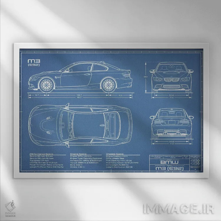 تابلو نقشهٔ بیامو M3 (E92) اثر اکشن بلوپرینتس (نقشههای اکشن) - نمای قابدار سفید