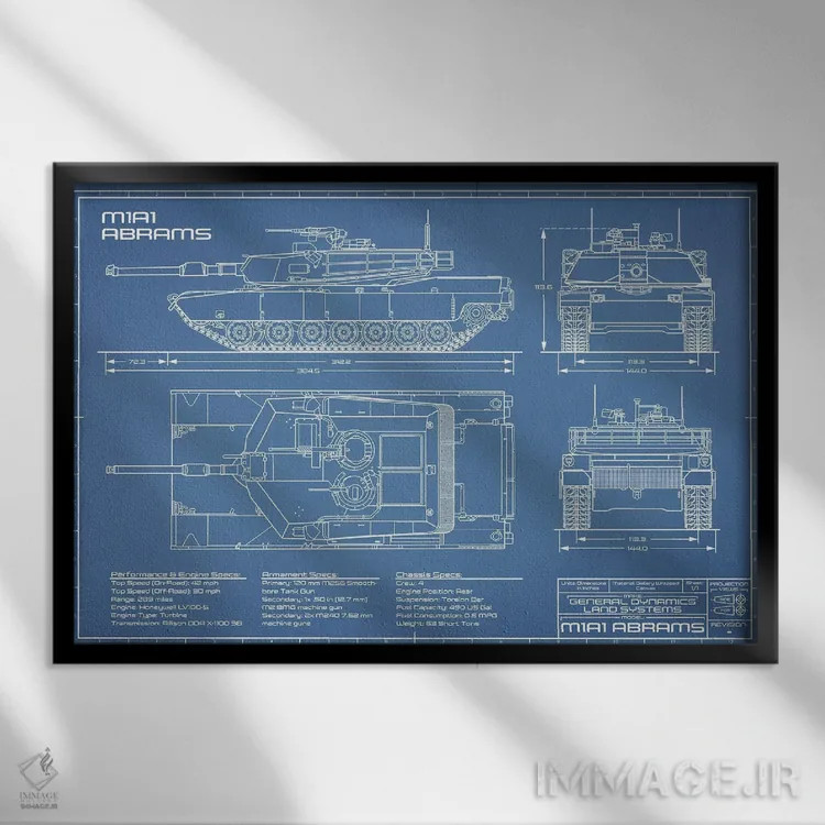 تابلو نقشهٔ تانک جنگی آبرامز M1A1 مدل ۱۹۸۰ اثر اکشن بلوپرینتس (نقشههای اکشن) - نمای قابدار مشکی