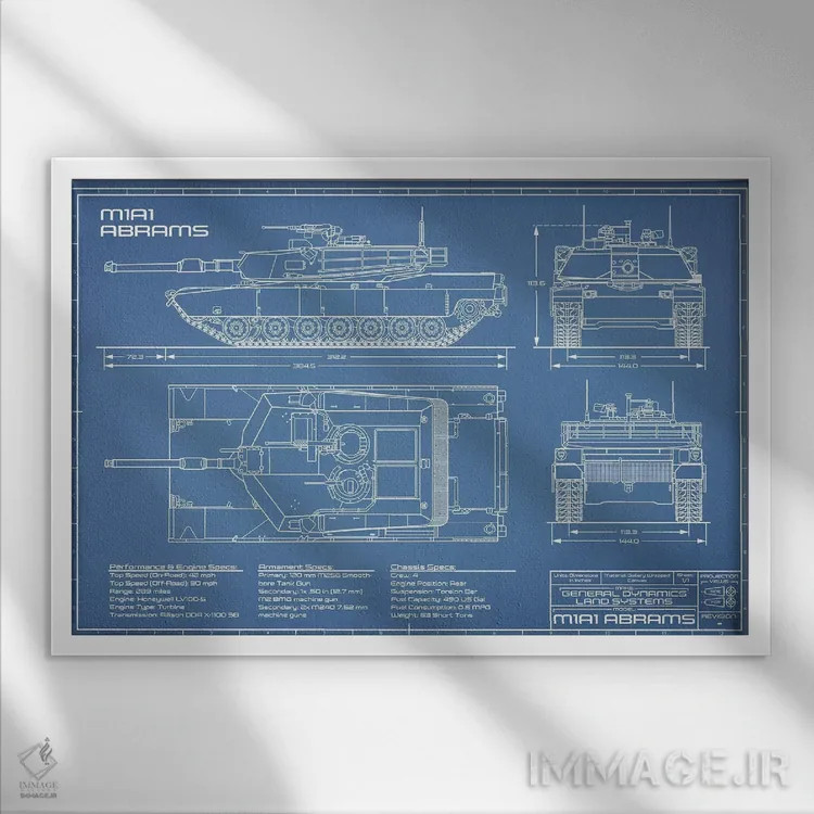 تابلو نقشهٔ تانک جنگی آبرامز M1A1 مدل ۱۹۸۰ اثر اکشن بلوپرینتس (نقشههای اکشن) - نمای قابدار سفید