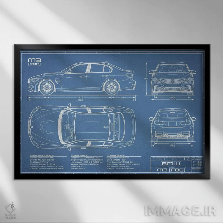 تابلو نقشهٔ بیامو M3 (F80) اثر اکشن بلوپرینتس (نقشههای اکشن) - نمای قابدار مشکی