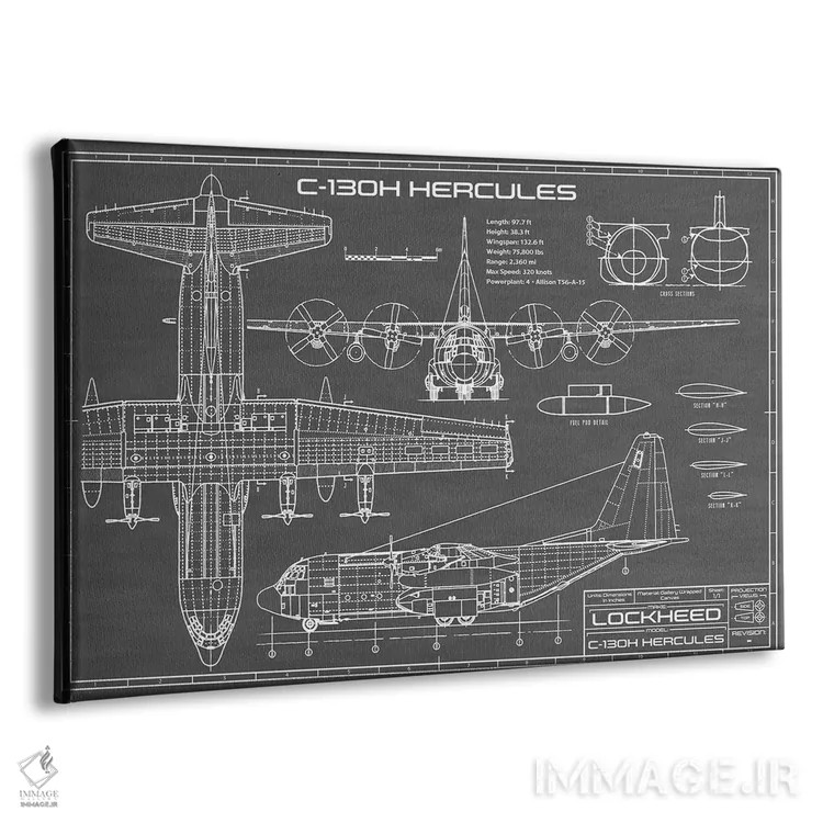 تابلو هواپیمای هرکولس C-130 (مشکی) اثر اکشن بلوپرینتس (نقشههای اکشن) - نمای پرسپکتیو محصول