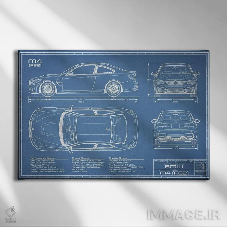 تابلو نقشهٔ بیامو M4 (F82) اثر اکشن بلوپرینتس (نقشههای اکشن) - نمای روبهرو روی دیوار