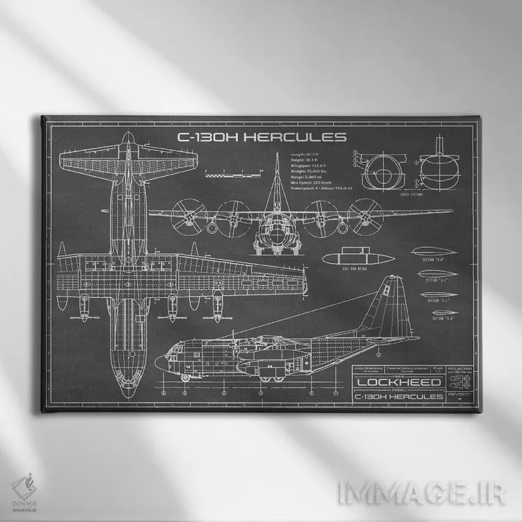 تابلو هواپیمای هرکولس C-130 (مشکی) اثر اکشن بلوپرینتس (نقشههای اکشن) - نمای روبهرو روی دیوار