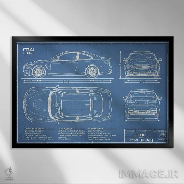 تابلو نقشهٔ بیامو M4 (F82) اثر اکشن بلوپرینتس (نقشههای اکشن) - نمای قابدار مشکی