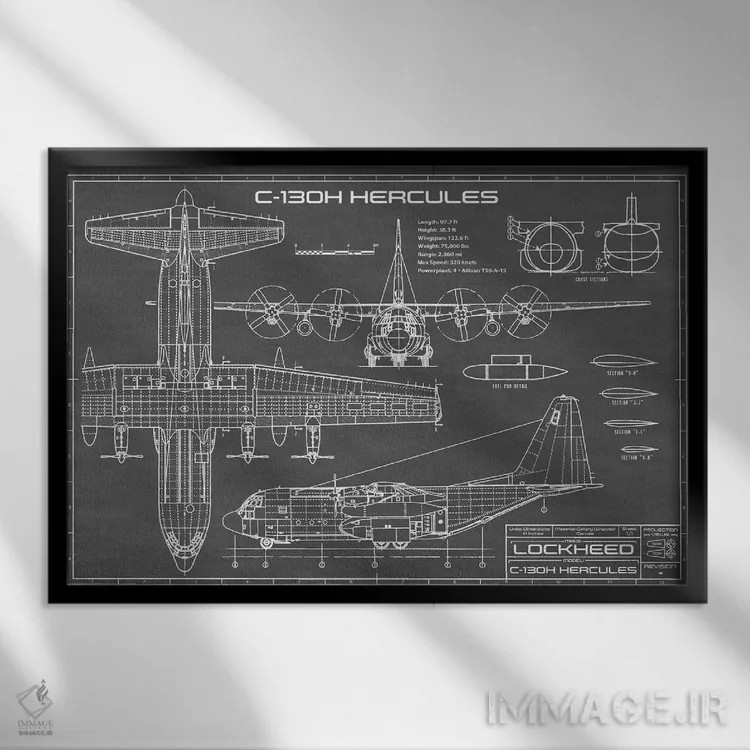 تابلو هواپیمای هرکولس C-130 (مشکی) اثر اکشن بلوپرینتس (نقشههای اکشن) - نمای قابدار مشکی