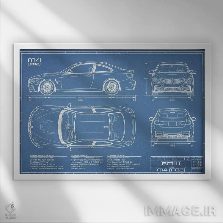 تابلو نقشهٔ بیامو M4 (F82) اثر اکشن بلوپرینتس (نقشههای اکشن) - نمای قابدار سفید