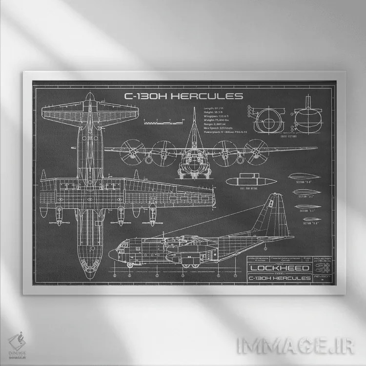 تابلو هواپیمای هرکولس C-130 (مشکی) اثر اکشن بلوپرینتس (نقشههای اکشن) - نمای قابدار سفید