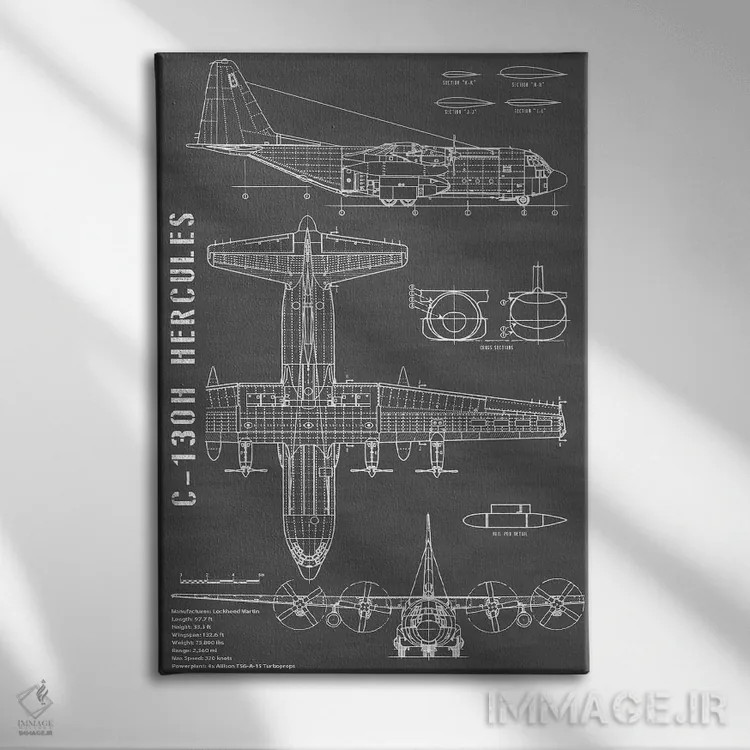 تابلو هواپیمای هرکولس C-130 (مشکی) اثر اکشن بلوپرینتس (نقشههای اکشن) - نمای روبهرو روی دیوار