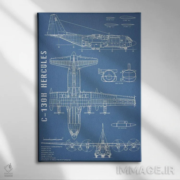 تابلو نقشهٔ هواپیمای هرکولس C-130 اثر اکشن بلوپرینتس (نقشههای اکشن) - نمای روبهرو روی دیوار