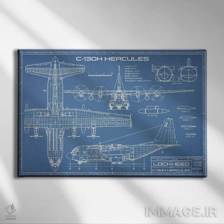 تابلو نقشهٔ هواپیمای هرکولس C-130 اثر اکشن بلوپرینتس (نقشههای اکشن) - نمای روبهرو روی دیوار